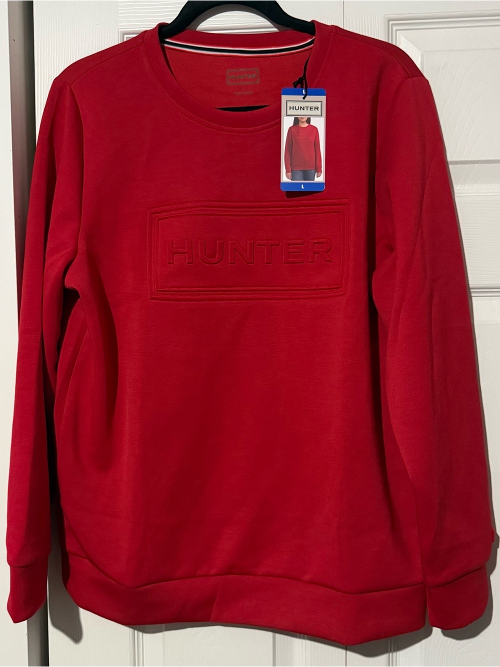 Hunter Crewneck Soft Sweatshirt Pullover Embossed Logo, Red, Women’s Size Large